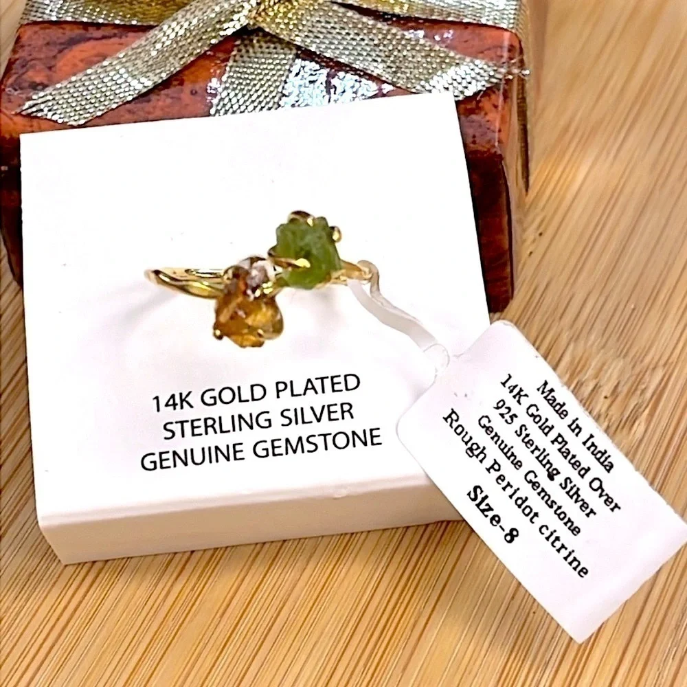 Brand New 14K Gold Plated Sterling Silver Genuine Gemstone Peridot Citrine Ring